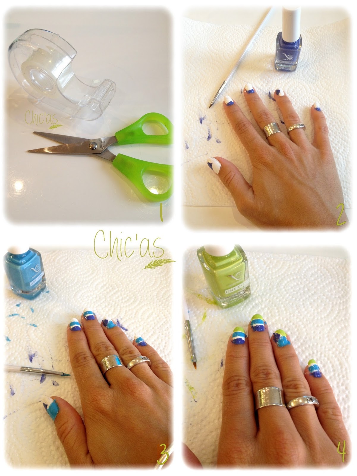 Chic'as Nail art rayé violet, bleu et vert