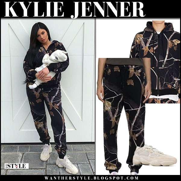 Kylie Jenner in black leaf print hoodie and pants on March 1 ~ I want her style - What