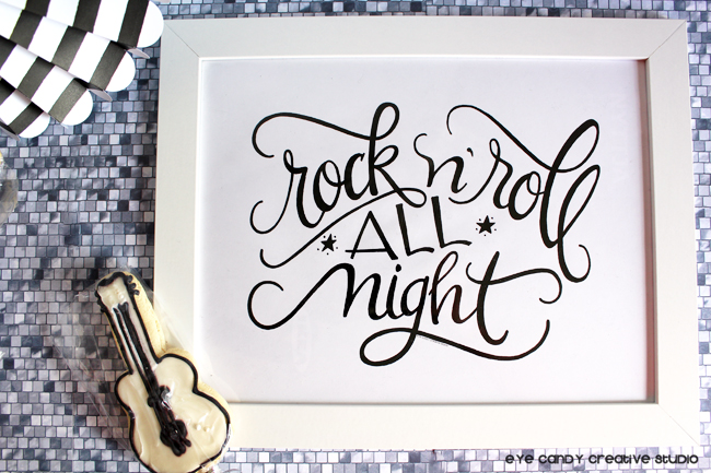 rock n roll all night, black & white, guitar cookie, hand lettering, typeart