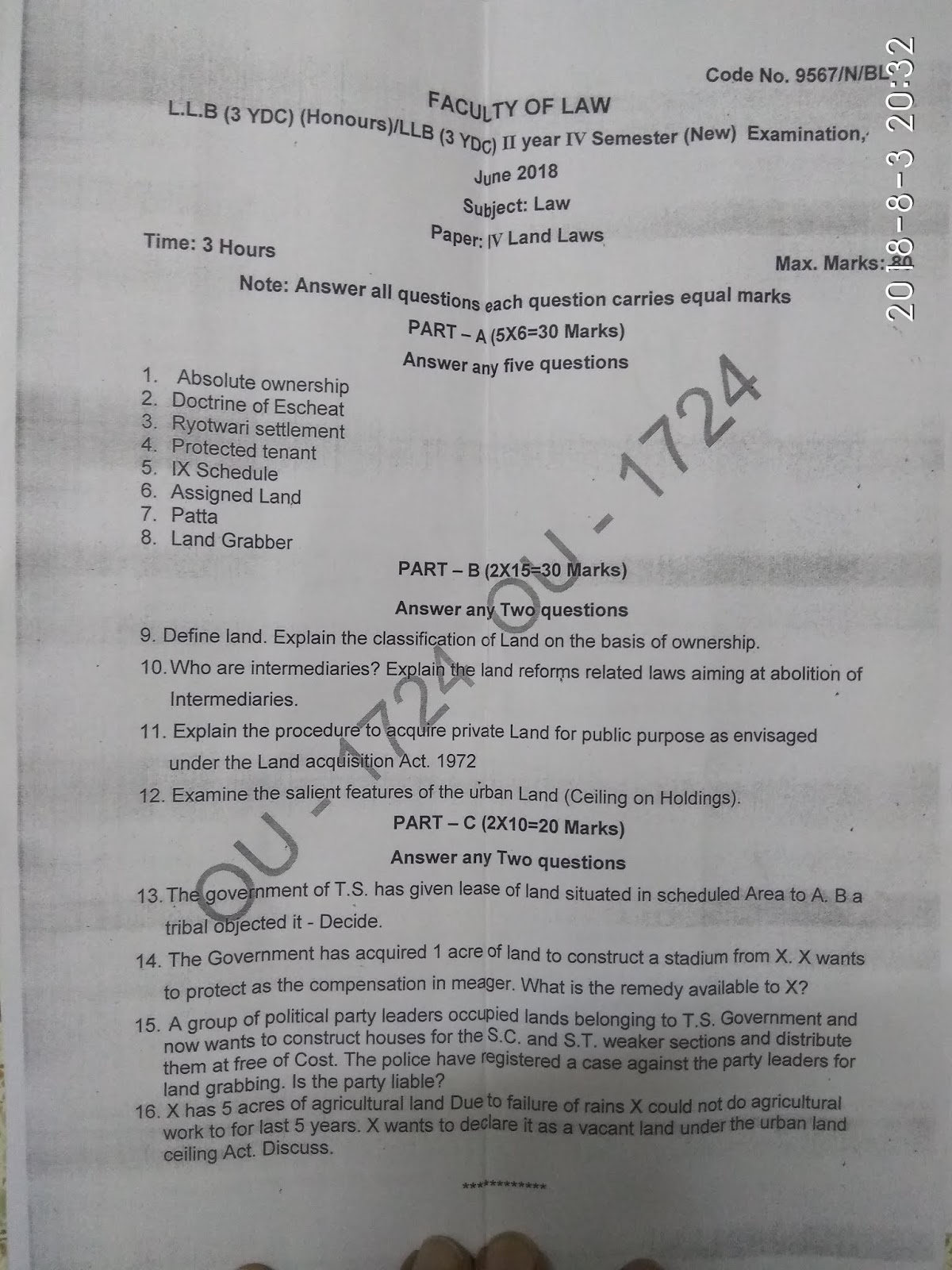 A Blog for LLB 3YDC GENERAL / HONORS LAND LAWS PREVIOUS QUESTION PAPERS