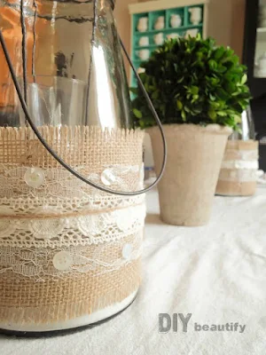Burlap and lace wrapped vessels. Get this fabulous (and easy) tutorial at DIY beautify!