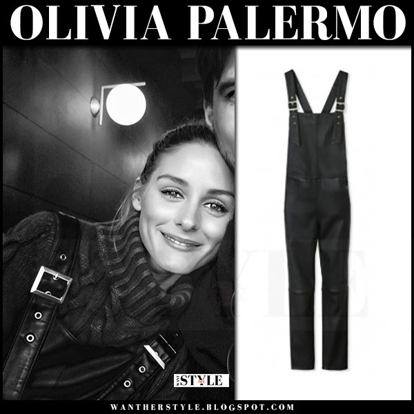 Olivia Palermo in black leather overalls and knit turtleneck sweater