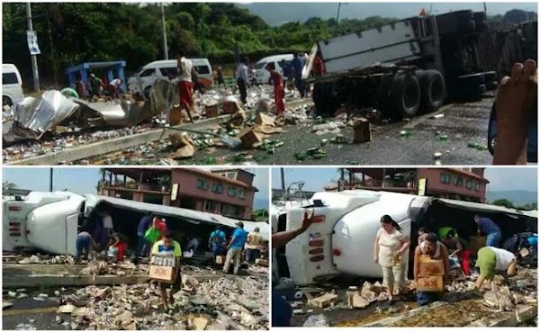 Pobladores saquean tráiler de cerveza accidentado en Chiapas - Pobladores saquean tráiler de cerveza accidentado en Chiapas -