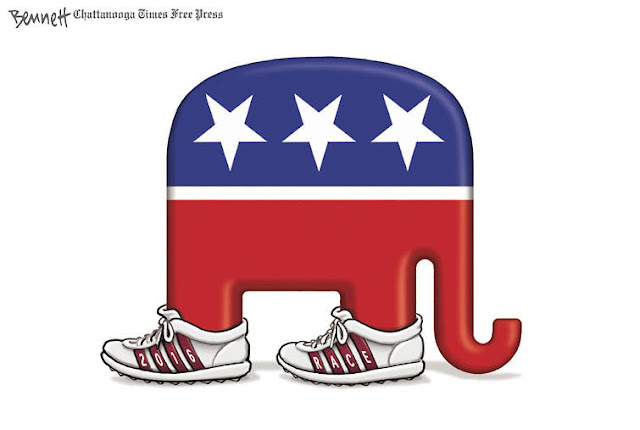 Republican Elephant facing one way but with shoes pointing backwards.