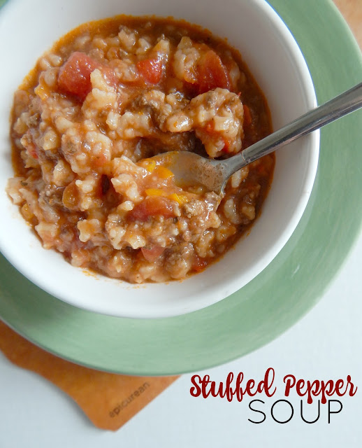Stuffed Pepper Soup...all your favorites in the filling of a stuffed pepper, but in soup!  Sweet, peppery and filling! (sweetandsavoryfood.com)