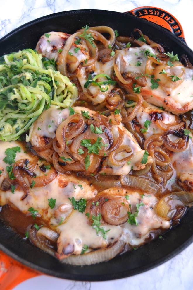 French Onion Chicken and Zoodles takes just 30 minutes to make and features caramelized onions, melted Swiss cheese along with sauteed garlic zucchini noodles. www.nutritionistreviews.com