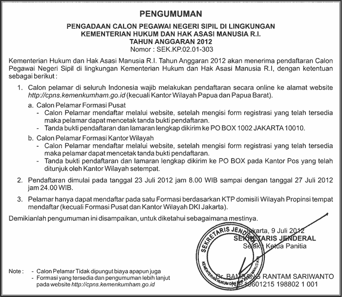 Info Penerimaan CPNS Kemenkumham 2012