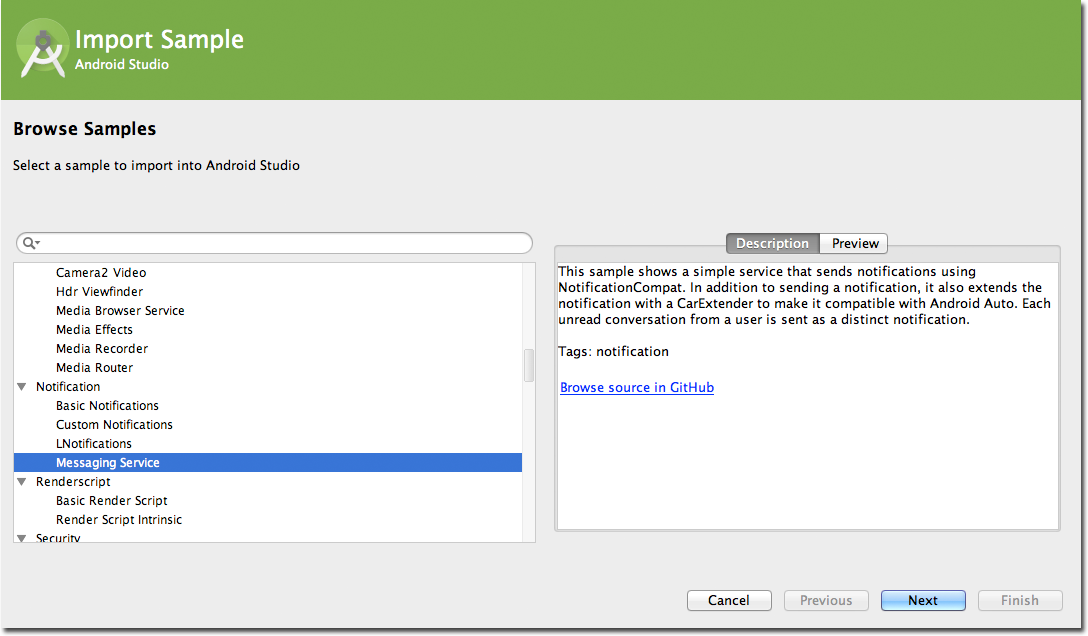 Sample browser. Browser source. Android Studio browser app. Notification in browser. Import fetch