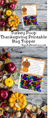 What a hoot!  Share a fun laugh with your friends and family on Thanksgiving with this printable Turkey Poop bag topper.  With a fun poem that you can add to a bag of treats, you'll be wishing your loved ones a Happy Thanksgiving with a scared turkey and some yummy sweets.