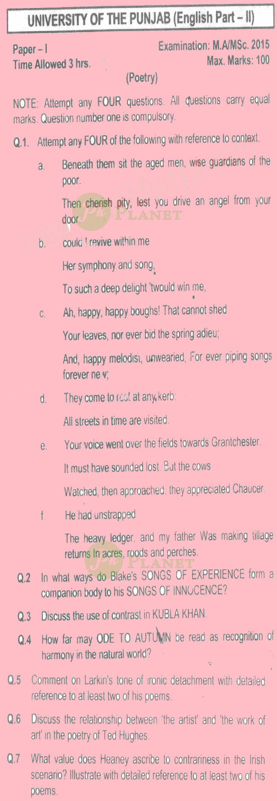 past papers of ma english part 2 punjab university 2015 poetry II