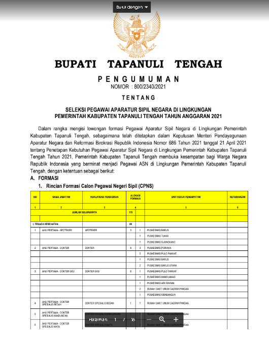 Lowongan Kerja CPNS Pemerintah Kabupaten Tapanuli Tengah Tahun Anggaran