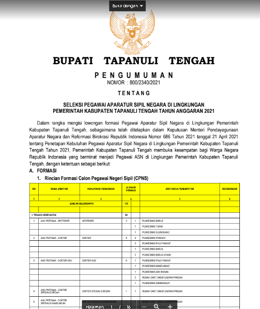 Lowongan Kerja CPNS Pemerintah Kabupaten Tapanuli Tengah Tahun Anggaran