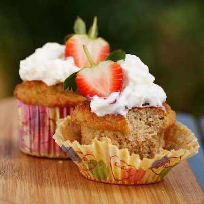 Low Carb Strawberry Shortcake Protein Cupcakes with Whipped Cream Frosting