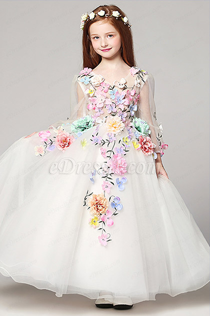 floral long v cut long sleeves princess girl dress