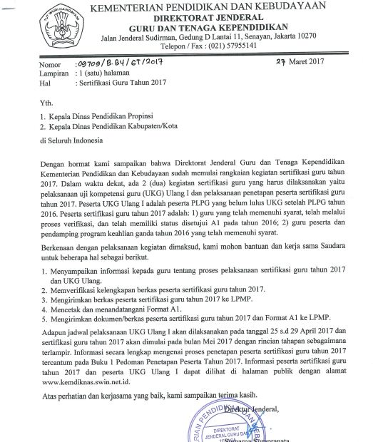 Surat Resmi Pelaksanaan Sertifikasi Guru 2017 Pak Pandani