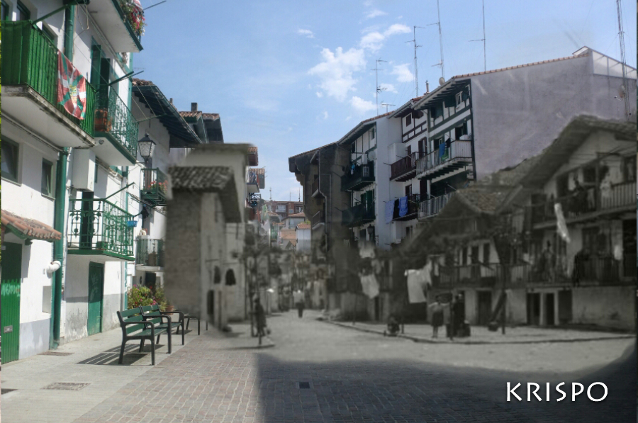 Montaje de foto antigua y actual de la calle Santiago de Hondarribia