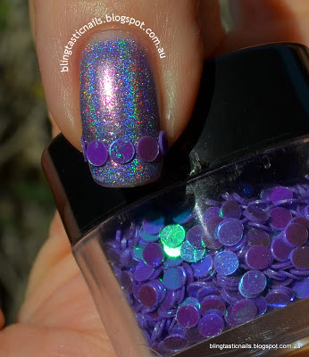 Girly Bits Twitterpated with Purple Circle Glitter accent nail