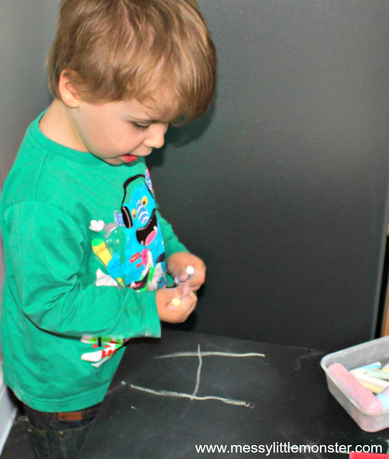 How to make a simple DIY chalkboard table for kids by upcycling an old table. Easy step by step instructions using an Ikea table and chalkboard paint. A great resource for toddlers and preschoolers learning to make marks, draw and write.
