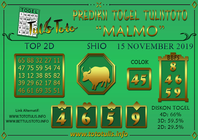 Prediksi Togel MALMO TULISTOTO 15 NOVEMBER 2019