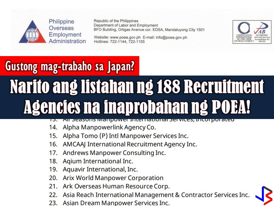 Japan is one of the countries many Filipinos hope to work for. The country is also looking for many Filipino workers month after month. But before getting excited, make sure you are applying in a licensed recruitment agency so that you won't be a victim of human trafficking or illegal recruitment.