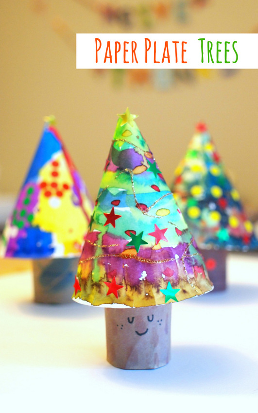 Easy 3D Paper Plate Christmas Trees for kids of all ages to paint and decorate!