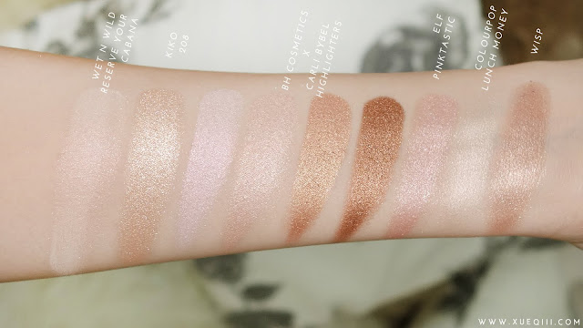 Drugstore / Affordable Highlighters - Wet n Wild Reserve Your Cabana, Kiko Water Eyeshadow 208, Carli Bybel Palette Highlighters, Elf Pinktastic, Colourpop Lunch Money, Wisp