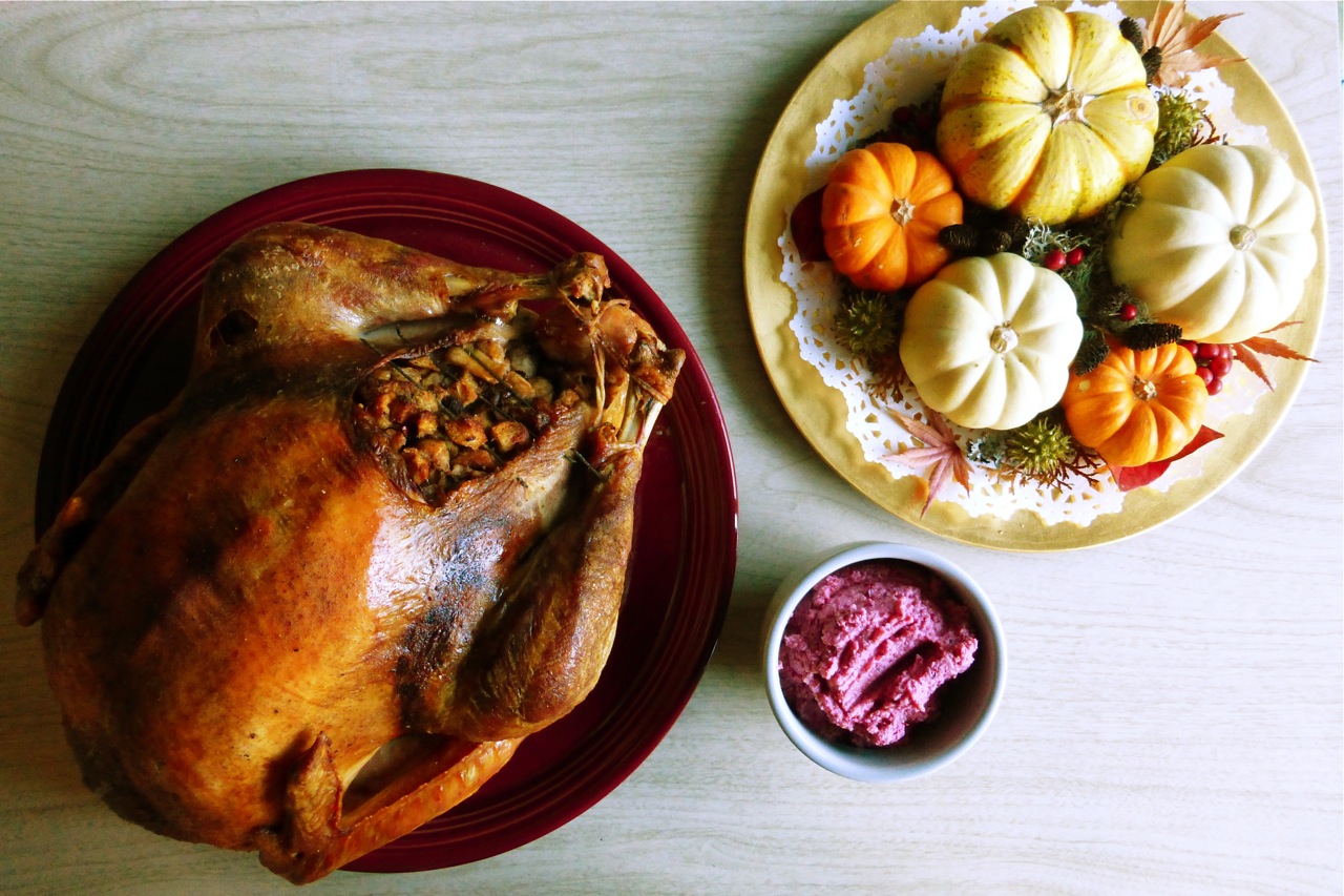 roast turkey, cranberry relish, Autumn Mini Pumpkin Table Centerpiece 
