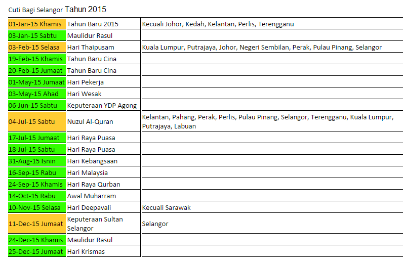 Cuti Umum Negeri Selangor 2015