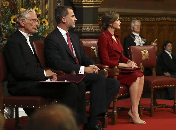 Queen Letizia visited the Palace of Westminster, British Parliament. Prince Charles and Duchess Camilla at Clarence House. Nina Ricci dress. Prada Pumps