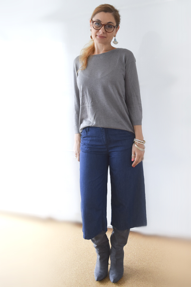 Blaue Jeansculottes mit grauem Pullover und grüner, Wolljacke - Outfit