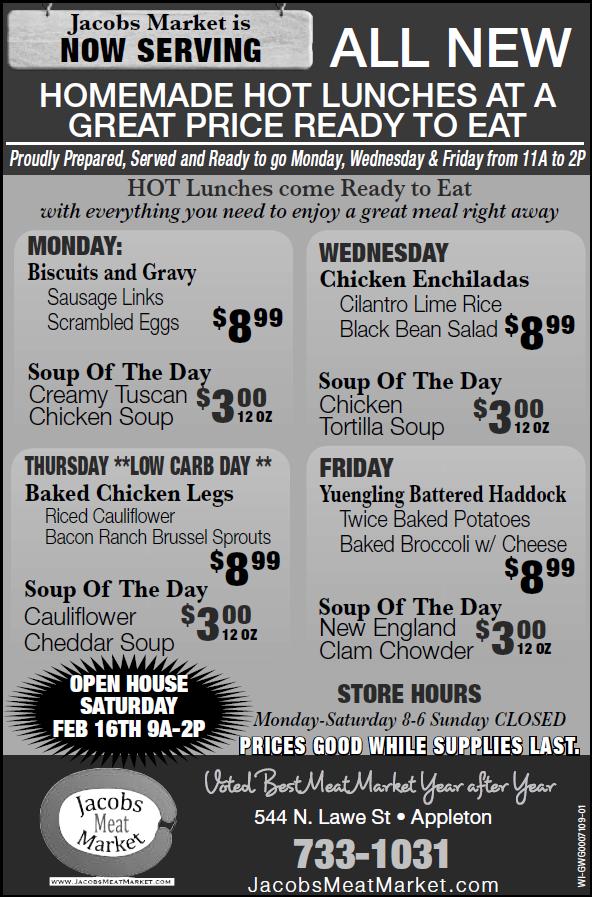 HOT Lunch Menu 2/42/8/2019! Jacobs Meat Market