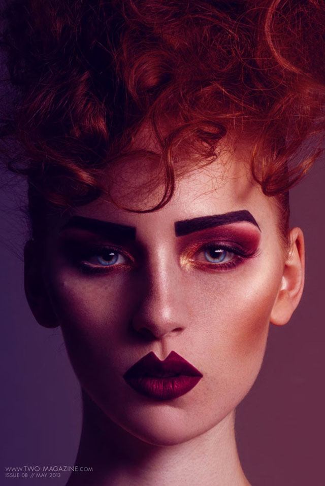 strong brows, makeup, lips, red hair