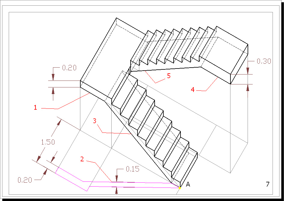 الرسم والاظهار المعماري Arch Drawing Representation لوحة9 اظهار درج بشاحطين U Stairs في الاسقاطات العمودية والاكسنومتري