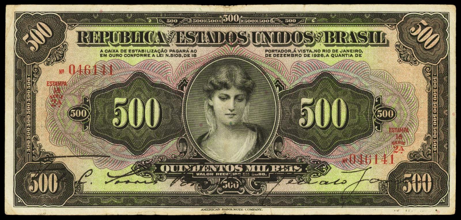 Brazil banknotes 500 Mil Reis note 1926 Efígie da República