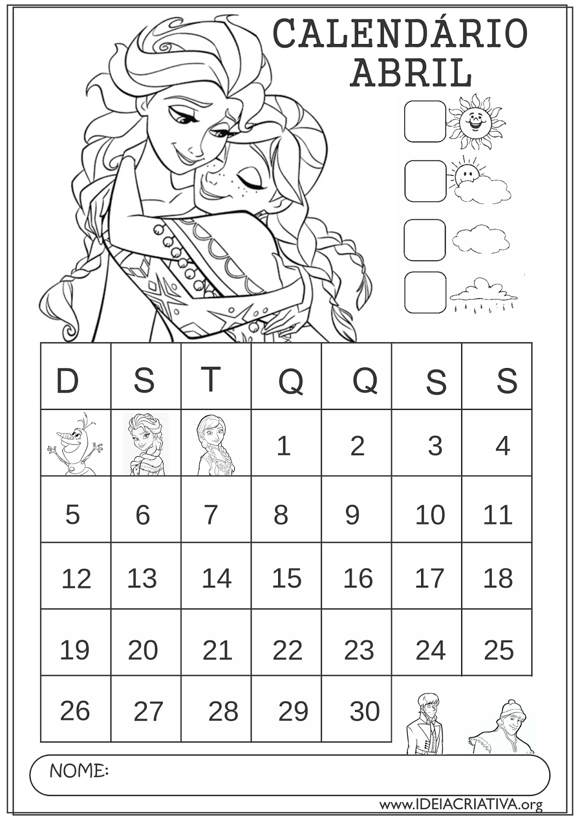 Calendários Abril 2015 Anna e Elsa Frozen  para Colorir Educação Infantil