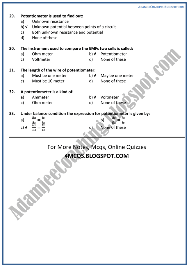 Adamjee Coaching XII Physics MCQS Electrical Measuring Instruments