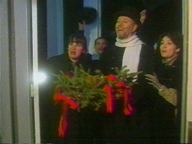 Lisa, John and Holly at the door to the Estate bearing the Wassail Bowl