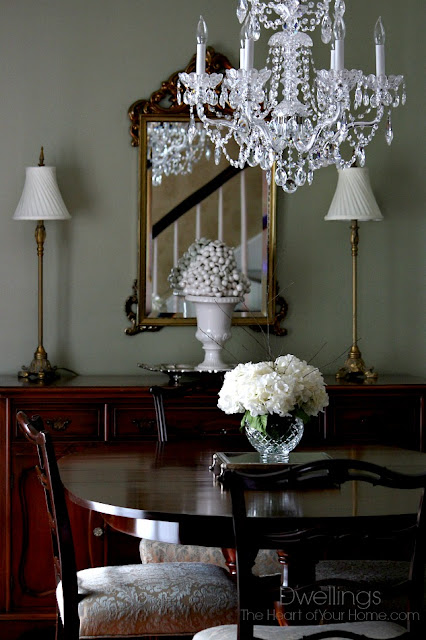 Hydrangea and twig dining room centerpiece.