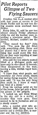 Pilot Reports Glimpse of Two Flying Saucers - State Times Advocate (Baton Rouge, LA) 10-9-1950