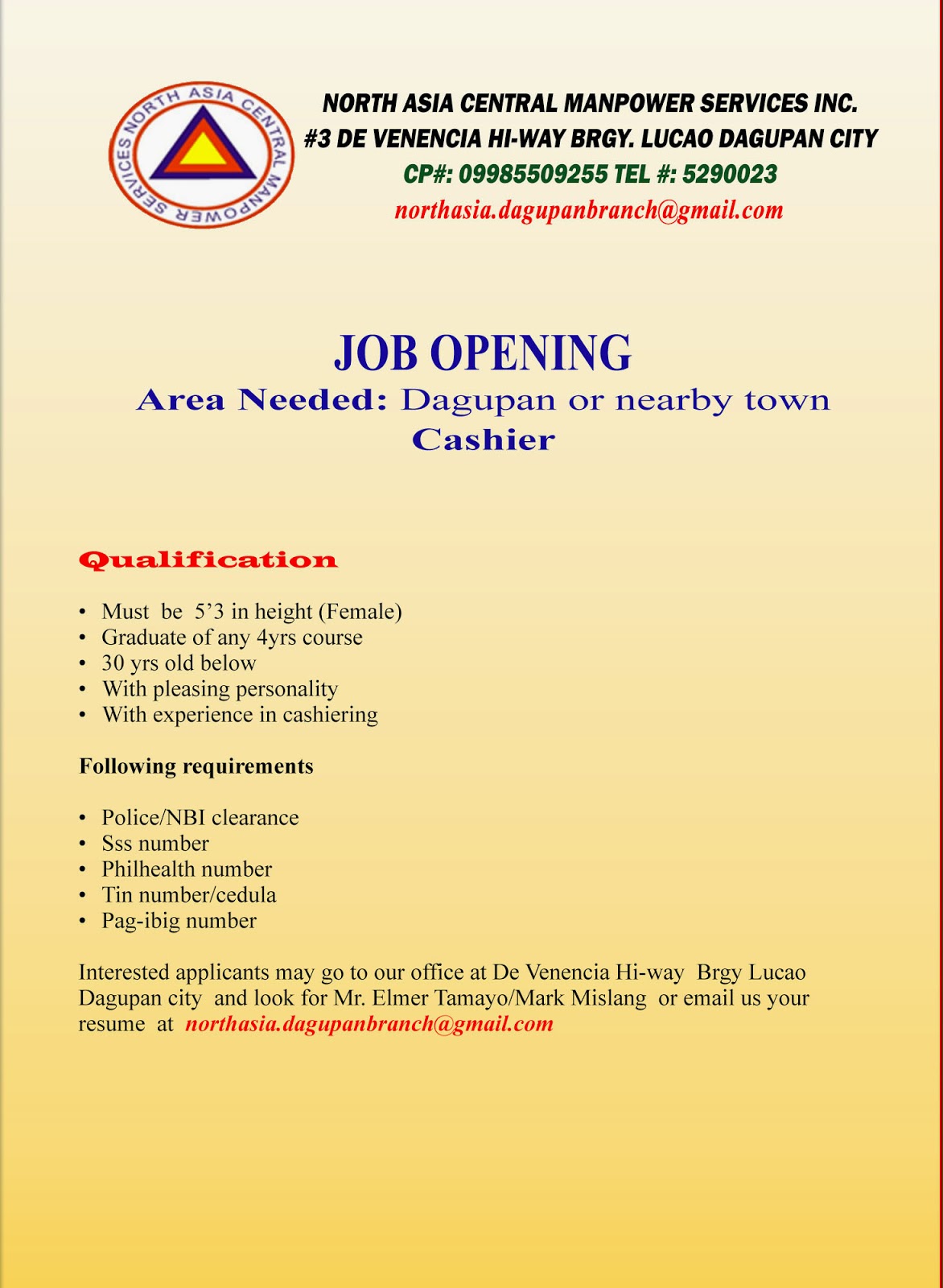 Job Hiring Cashier Dagupan City September 2014 North Asia