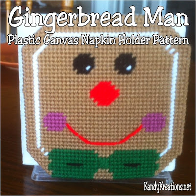 Decorate your kitchen or Christmas party with this free plastic canvas pattern for your Dollar Store napkin holder.  Easily add a bit of Gingerbread whimsy with this Gingerbread man pattern that slides over your holder and brightens up your home.