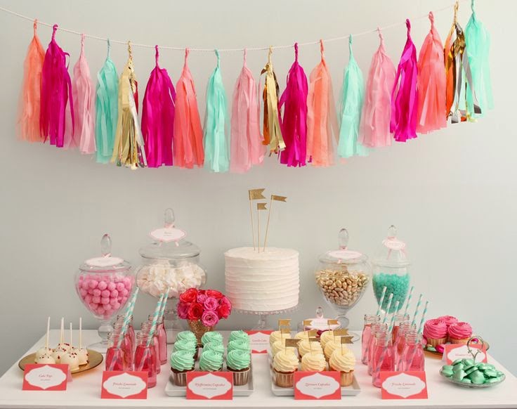 dessert table aqua, coral and gold and tassel garland