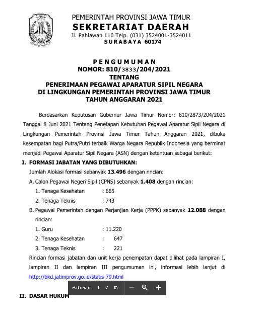 Lowongan Kerja CPNS Pemerintah Provinsi Jawa Timur Tahun 2021 - CPNS
