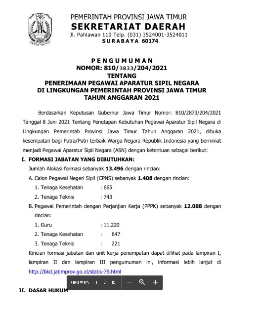 Lowongan Kerja CPNS Pemerintah Provinsi Jawa Timur Tahun 2021