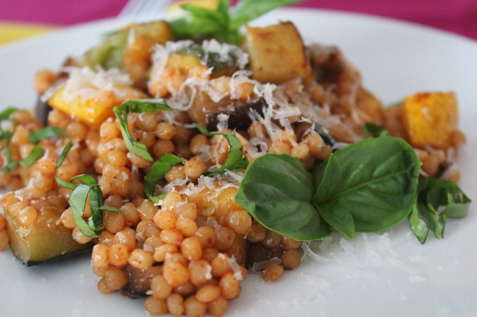 Israeli couscous with roasted squash and eggplant and Parmesan