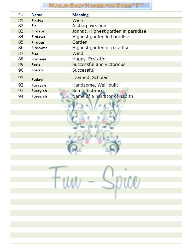 Fun Spice Arabic Muslim Baby Girl Name With Meaning Start With F
