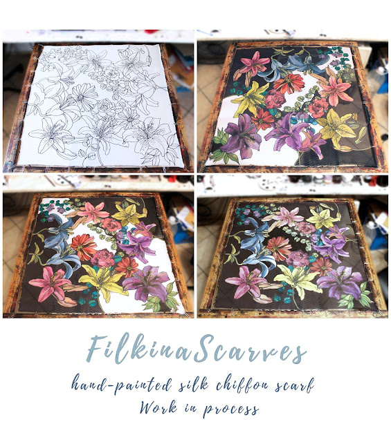 ORDER on ETSY: https://www.etsy.com/shop/FilkinaScarves //// HAND-PAINTED silk chiffon scarf in process. Silk painting diy.  silk painting, outlined in black. Floral silk chiffon scarf. #FilkinaScarves #mothersdaygift #formom #giftforgrandmother #silkpainting #floralscarves #womensgifts #diy #womensfashion #Bespoke