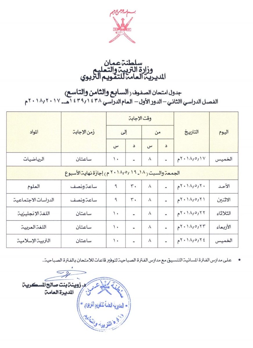 جدول امتحانات الصف السابع والثامن والتاسع الفصل الدراسي الثاني الدور الاول 2017 2018