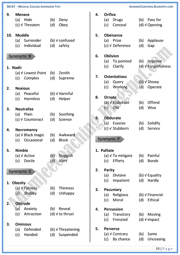 Adamjee Coaching MCAT English [Synonyms] Mcqs for Medical Entry Test
