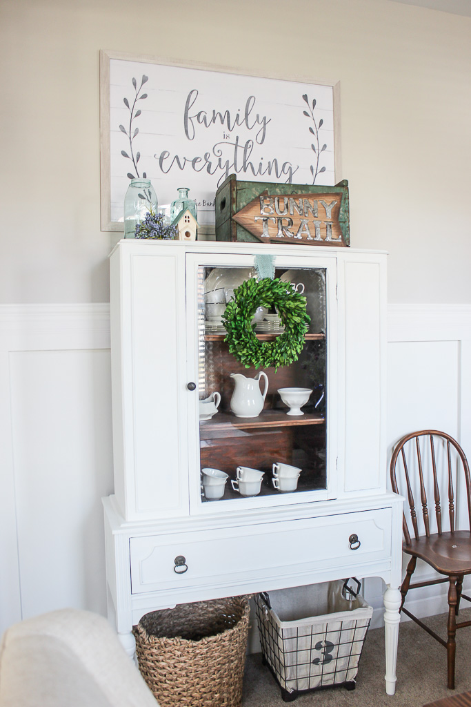 Spring home tour with lots of simple decorating ideas for the new season. painted white hutch